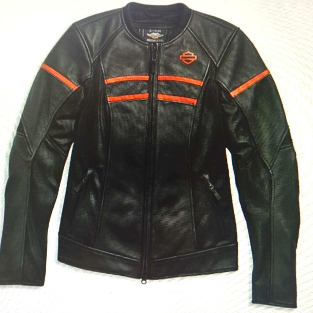 Harley-Davidson Women's Black and Orange Brawler Leather Jacket, SZ Large